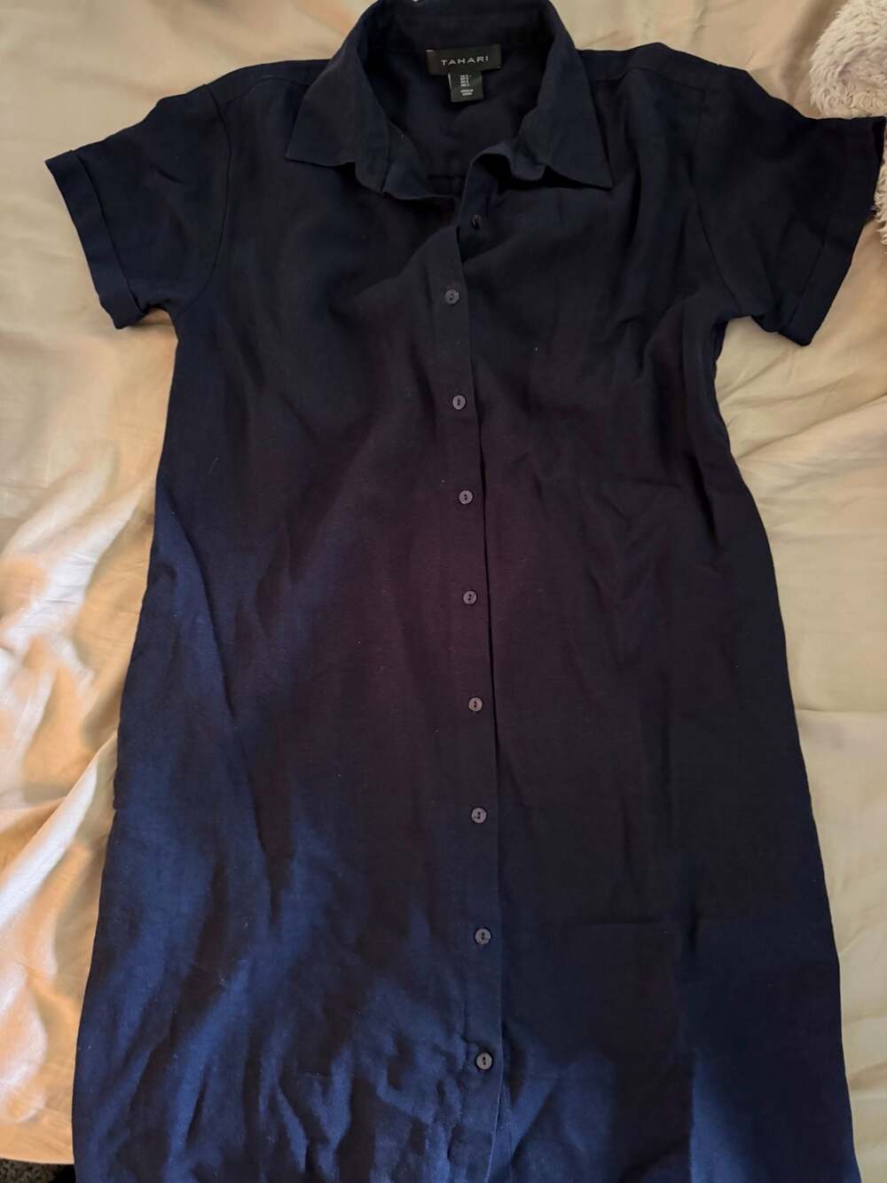 Tahari Navy Linen Blend Button-Front Shirt Dress Size S